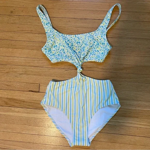 NEW SOLID & STRIPED Bailey Blue Floral and Yellow Striped Cutout One Piece Sz S - Picture 3 of 6